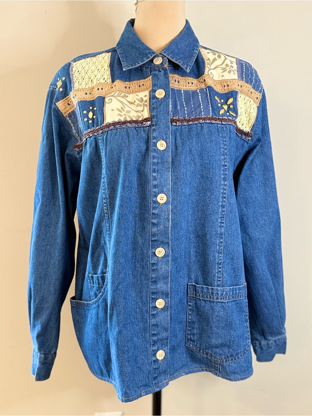 Brownstone Studio western patchwork denim button up shirt SZ 14
